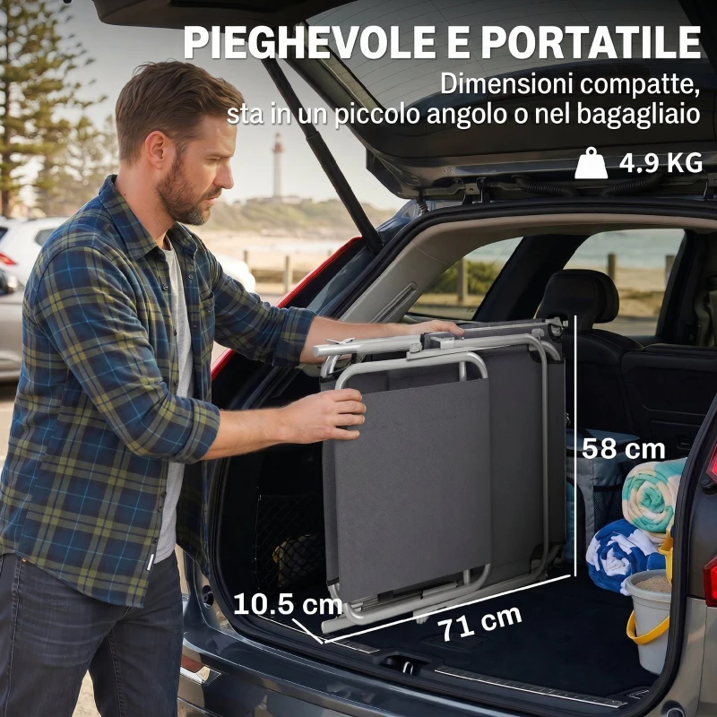 Outsunny Lettino Prendisole da Giardino, Sdraio Pieghevole e Regolabile con Tettuccio in Tessuto Grigio, 187x58x36cm
