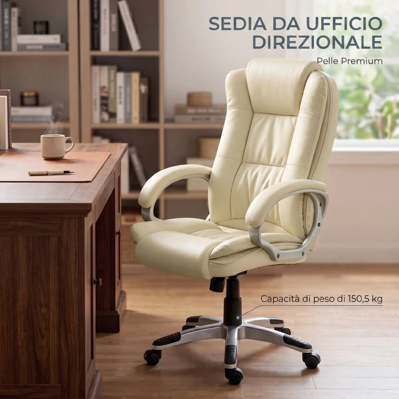 HOMCOM Sedia da Ufficio Girevole in Pelle PU con Dondolo, Schienale Alto e Altezza Regolabile, Beige