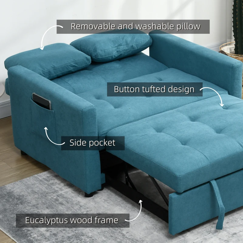 HOMCOM Loveseat Sofa Bed, Convertible Bed Settee with 2 Pillows, Side Pockets, Blue