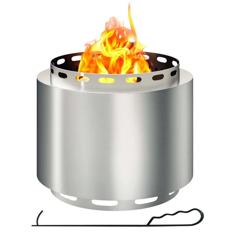 Outsunny Smokeless Fire Pit, 48.5cm Portable Wood Burning Firepit with Poker for Garden Camping Bonfire Party, Stainless Steel, Silver