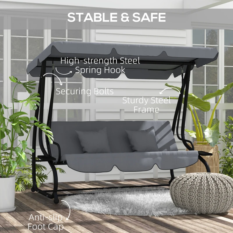 Outsunny Three-Person garden Swing Chair, with Adjustable Canopy - Dark Grey