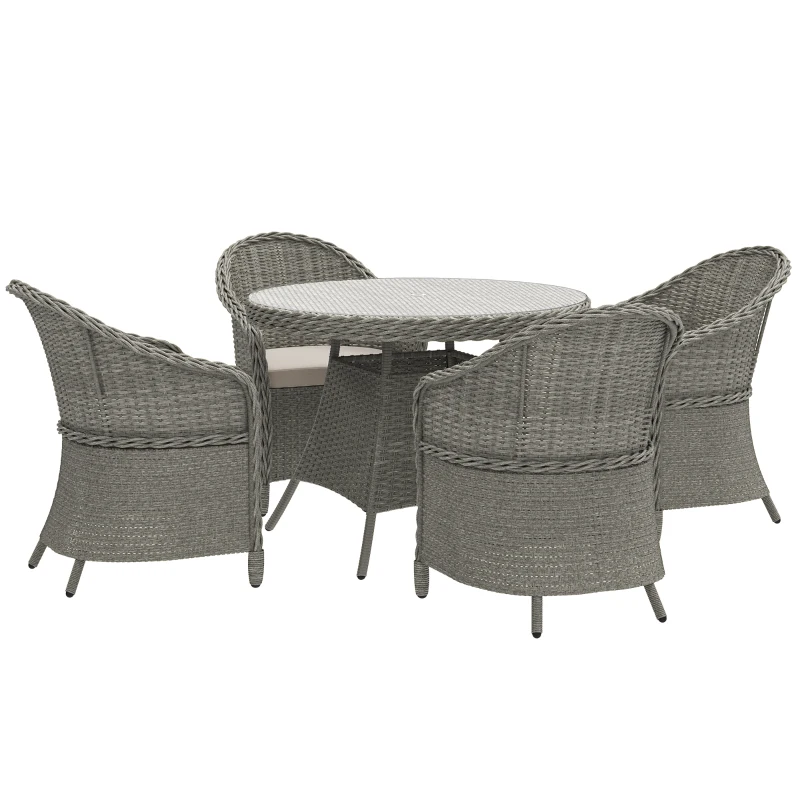 Outsunny 4 Seater Rattan Garden Furniture Set with Cushions, Round PE Rattan Dining Set with Glass-Top Table, Umbrella Hole, Outdoor Garden Table and Chairs, Grey