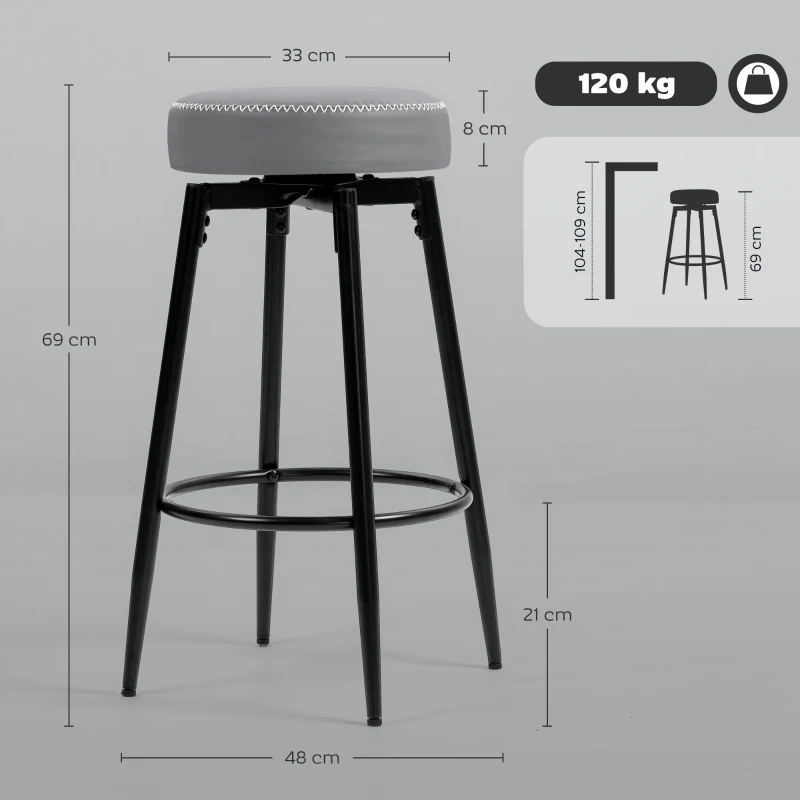 HOMCOM Set of Two Faux Leather Bar Stools - Grey/Black