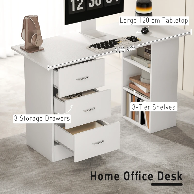 HOMCOM Computer Desk, Home Office Desk, Writing Table, PC Workstation with 3 Storage Shelves and 3 Drawers for Working, Study, 120 x 49 x 72 cm, White