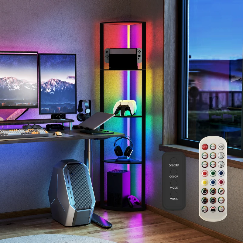 HOMCOM RGB LED Floor Lamp with Shelves, 5-Tier Dimmable Standing Lamp with Adjustable Brightness and Remote Control, Modern Corner Display Shelf Unit for Living Room Bedroom Office, Black