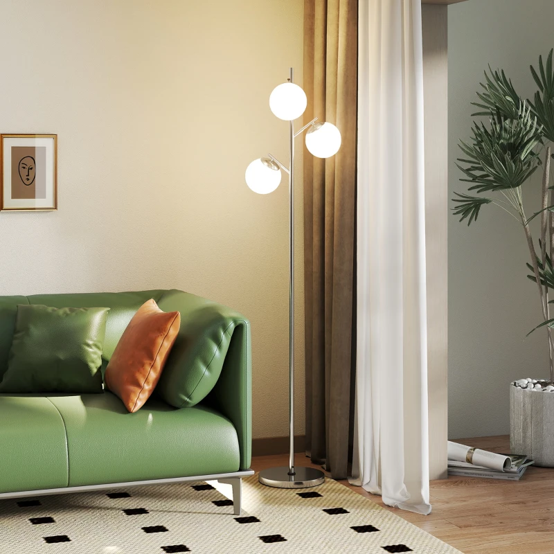 HOMCOM 3-Light Tree Floor Lamps for Living Room, Modern Standing Lamp for Bedroom with Globe Lampshade, 3000K/4000K/6000K Colour Temperatures, Steel Base, Silver Tone
