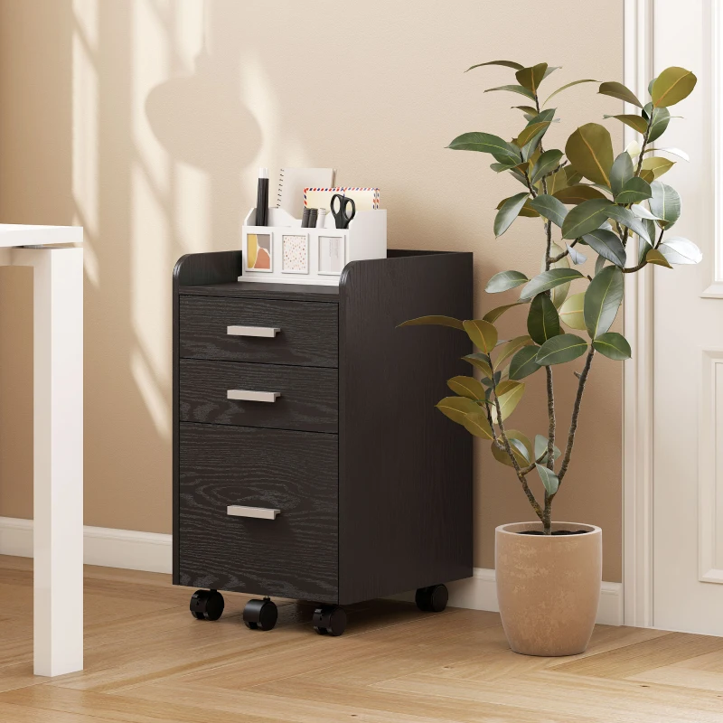 HOMCOM 3 Drawer Filing Cabinet, Rolling File Cabinet with Edged Top for Letter, A4 Size, Hanging File Folders, Black