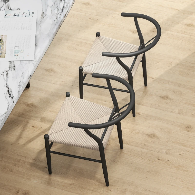 HOMCOM Set of Two Weave Dining Chairs with Y-Shaped Backrest Hemp Seat - Black/Beige