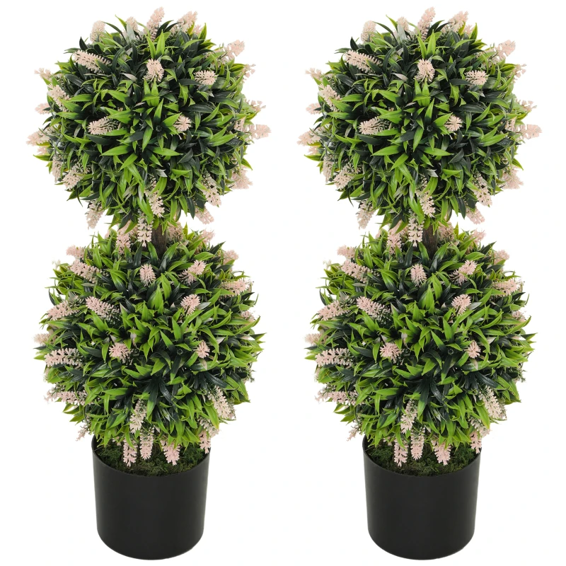 HOMCOM Set of 2 Decorative Artificial Plants Ball Trees with Lavender Flowers in Pot Fake Plants for Home Indoor Outdoor Decor, 70cm, Pink