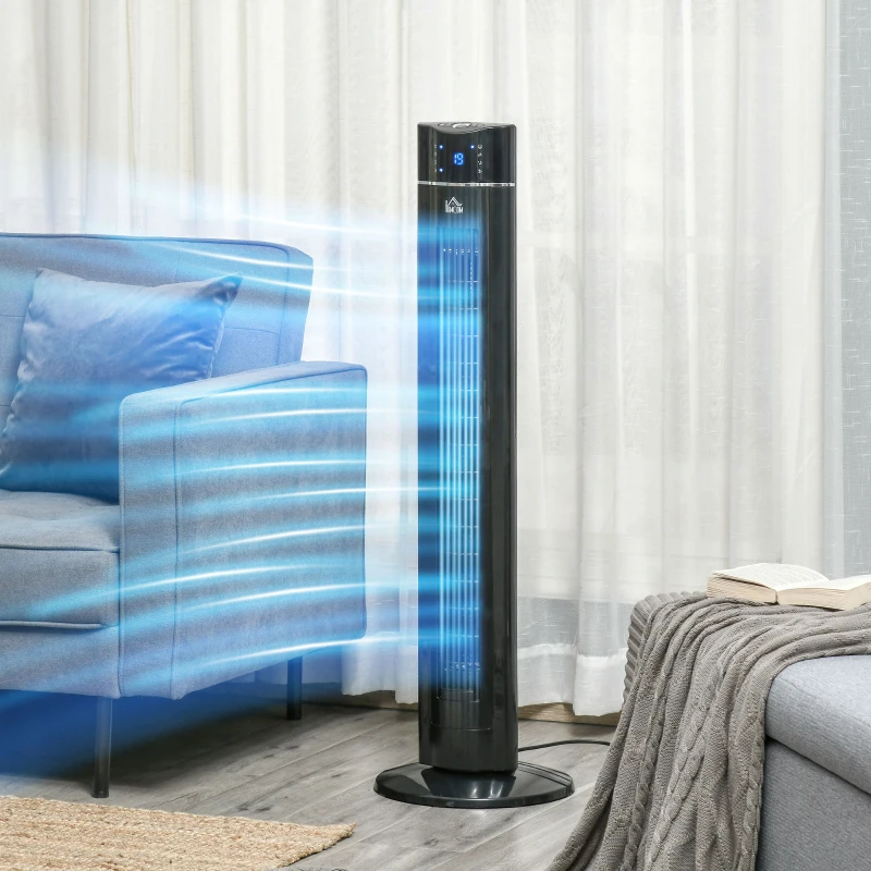HOMCOM Anion Tower Fan for Bedroom, 42 inch, 6 m/s Powerful Velocity, Standing Floor Fan with 60° Oscillating, 3 Modes, 3 Speeds, 8 Hour Timer, LED Display, Remote Control, Black