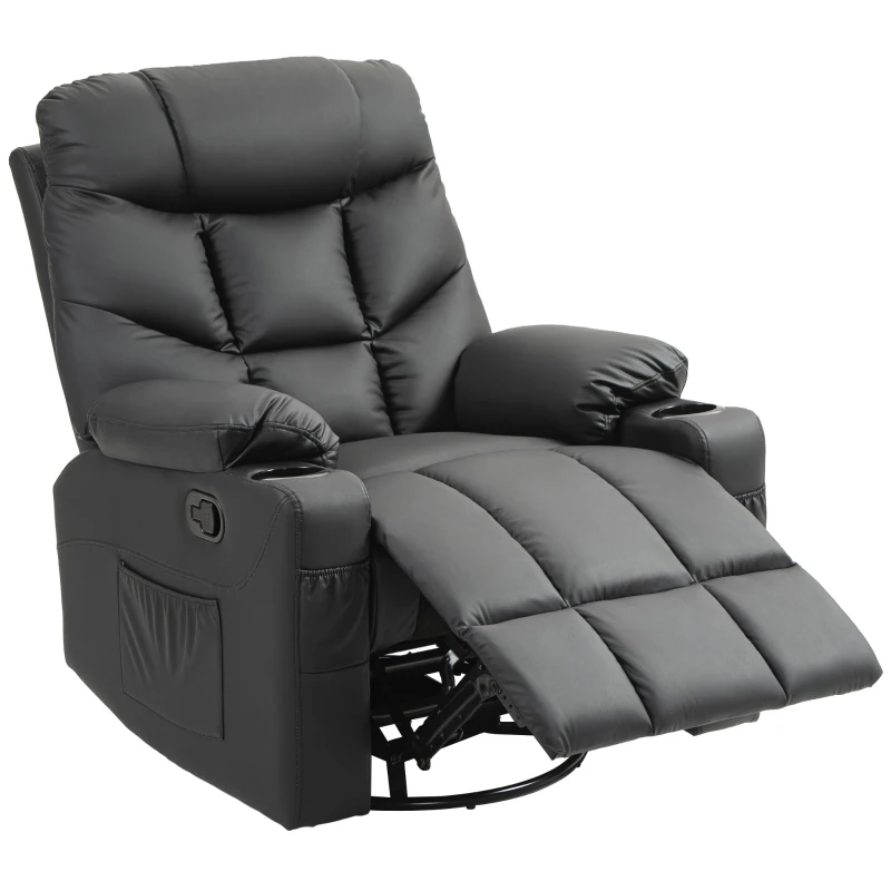 HOMCOM Manual Reclining Chair, Recliner Armchair with Swivel, Faux Leather, Footrest, Cup Holders, 86x93x102cm, Black