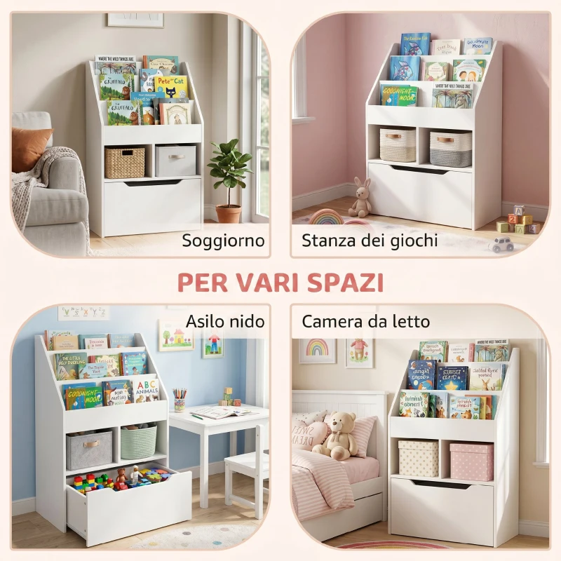 HOMCOM Piccola Libreria per Bambini con Ripiani e Cassetto in MDF, 60x29.9x90cm, Bianco