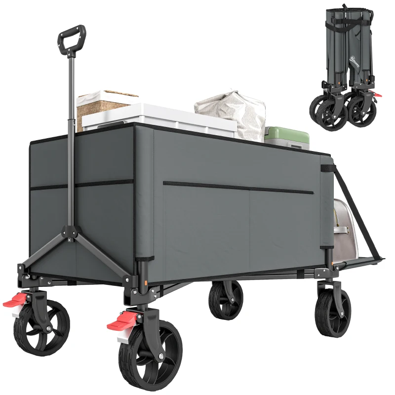 Outsunny Festival Trolley on Wheels, 150L Folding Camping Trolley Cart with Openable Sides, Adjustable Handle and Brakes for Shopping Beach Garden Fishing, Grey