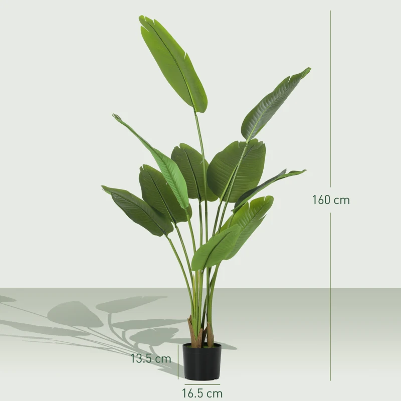 HOMCOM 160cm Tall Artificial Bird of Paradise Plant, Faux Banana Leaf Tree with PEVA Leaves and Flocking, Decorative Palm Tree in Pot for Home Office Decor, Green