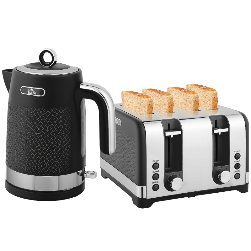 HOMCOM Sleek Textured Kettle and Four-Slice Toaster Set - Black