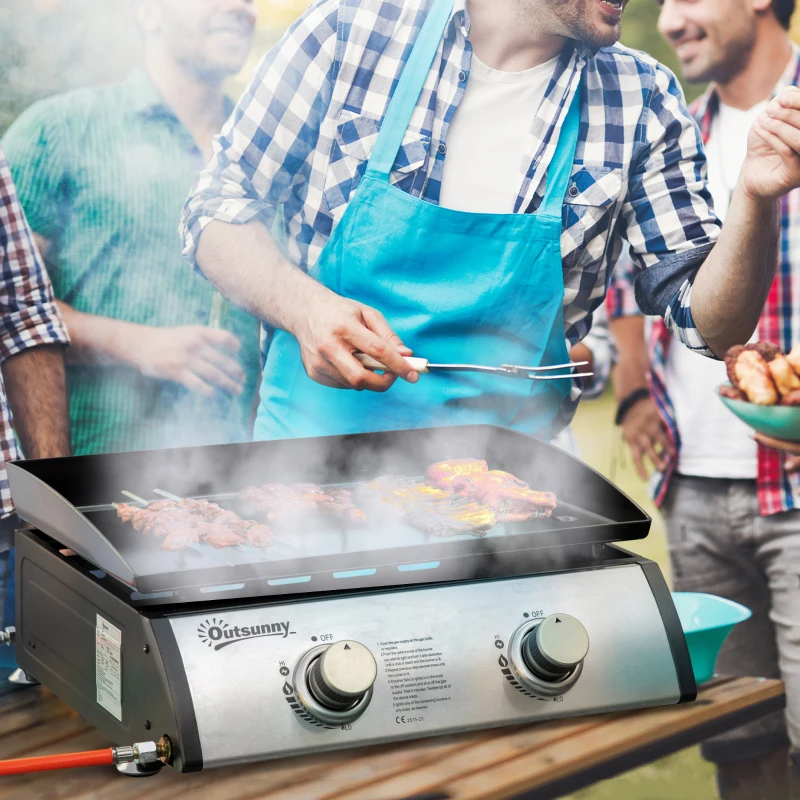 Outsunny Gas Plancha Barbecue Grill with 2 Stainless Steel Burner, 5kW, Portable Tabletop Gas BBQ with Non-Stick Griddle for Camping Picnic Garden Party Festival