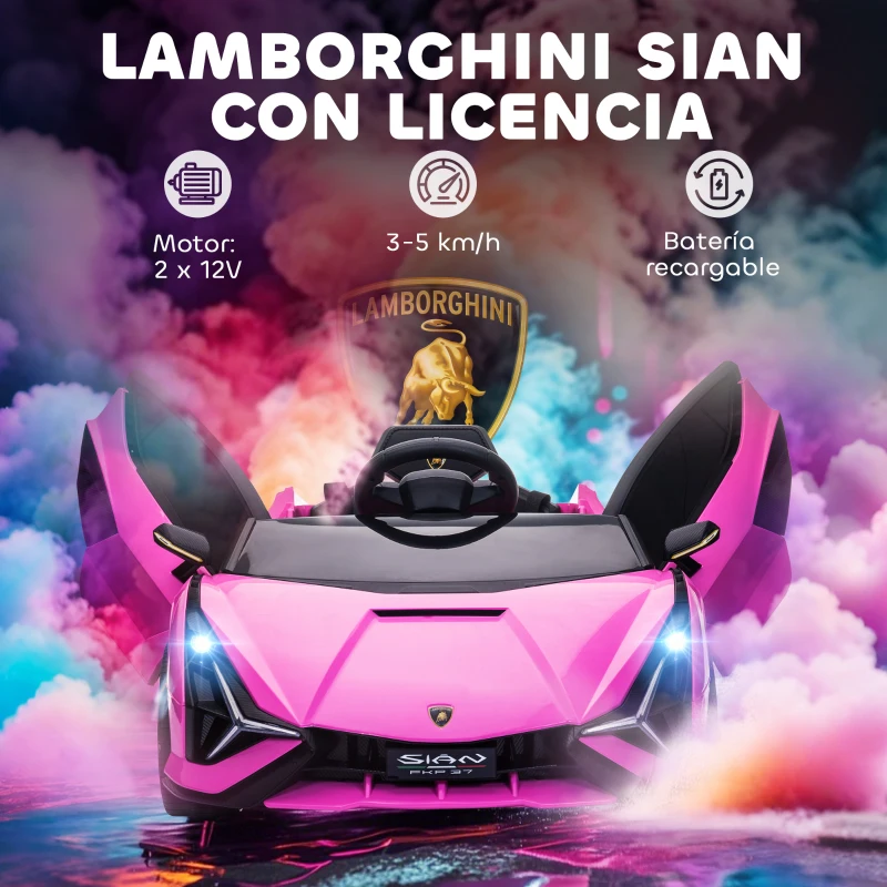 HOMCOM Coche Eléctrico para Niños de +3 Años Lamborghini SIAN Coche de Batería 12V con Mando a Distancia Apertura de Puerta Música MP3 USB y Faros 3-5 km/h 108x62x40 cm Rosa