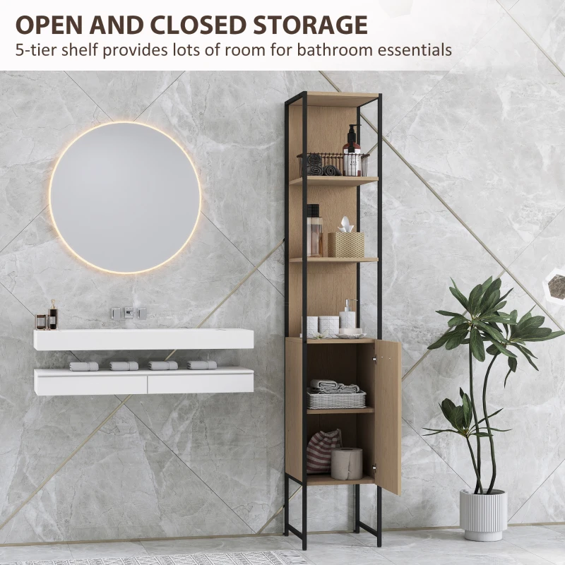 HOMCOM Tall Bathroom Cabinet with Open Shelves and Adjustable Shelf - Natural Wood Finish