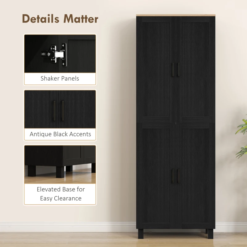 HOMCOM Freestanding Kitchen Cupboard, 4-Door Storage Cabinet with Adjustable Shelves, Modern Kitchen Pantry, 170cm, Black