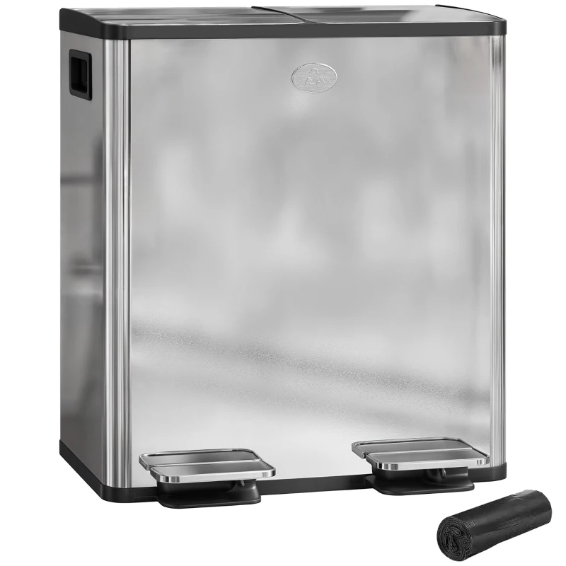 HOMCOM 40L Dual Compartment Stainless Steel Bin, with Deodoriser Holders - Silver Tone
