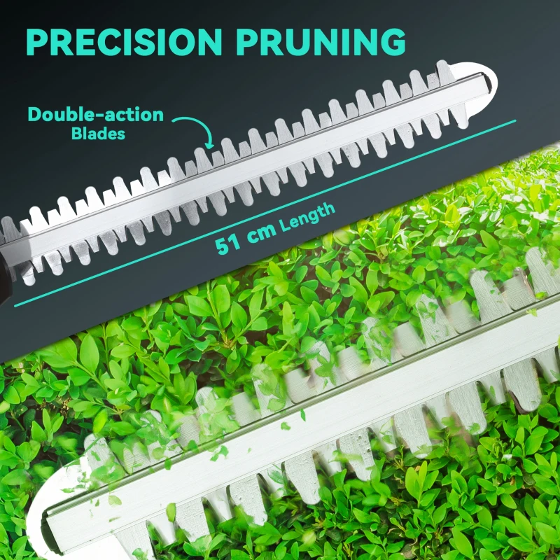 Outsunny 20" Cordless Hedge Trimmer, 18V Electric Hedge Cutter with 51cm Dual Action Blade, 2 x 4000mAh Batteries and Brushless Motor for Garden Branches, Shrubs, Twigs, Blue