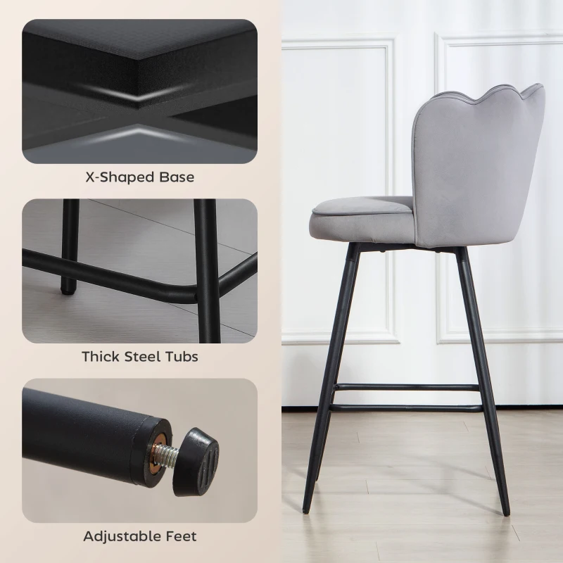 HOMCOM Set of Two Velvet-Feel Lotus Bar Stools - Grey
