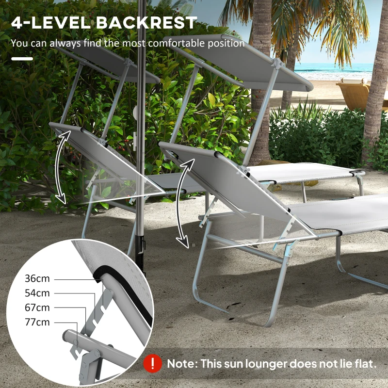 Outsunny Folding Sun Lounger Set of 2 with Canopy, Reclining Sunbed with 4-Position Adjustable Backrest, 600D Oxford Cloth, Portable Garden Lounger Recliner Chair for Beach, Camping, Patio, Light Grey