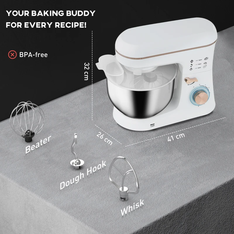 HOMCOM Stand Mixer, 5L Food Mixer for Baking, 6 Speeds and Pulse Setting, 1400W Cake Electric Kitchen Mixer with Dough Hook, Whisk, Stainless Steel Bowl, Splash Guard, Beater, White