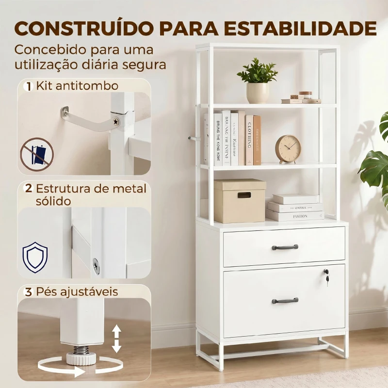 HOMCOM Arquivador com Prateleiras Móvel de Escritório com Prateleiras Gaveta para Arquivos A4 e Carta e Suporte para Impressora 70x40x157 cm Branco