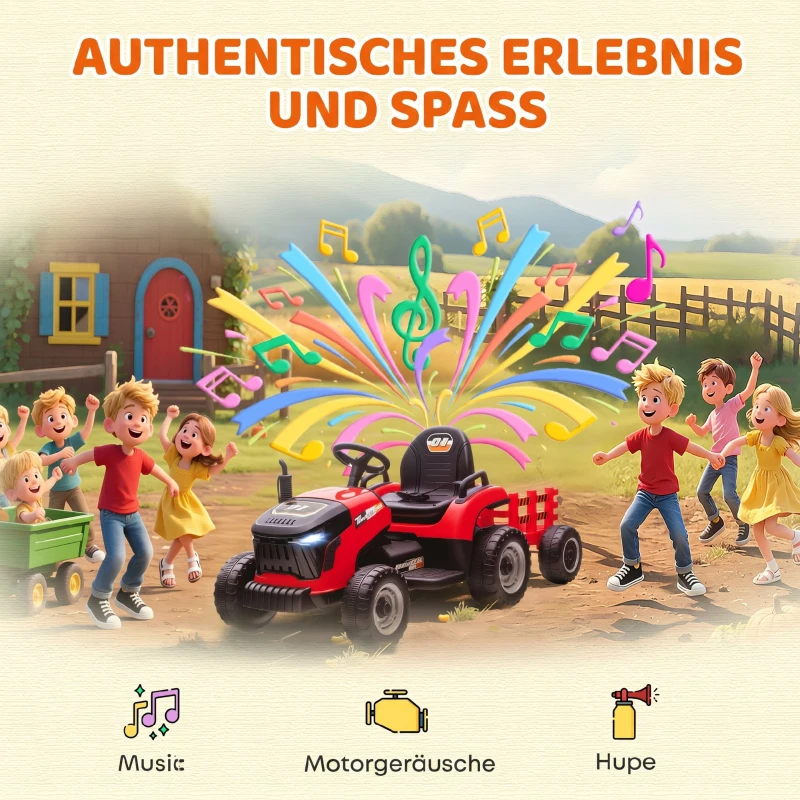 AIYAPLAY Elektrischer Kindertraktor, Aufsitz-Traktor mit Fernbedienung, Soft-Start, für Kinder im Alter von 3-8 Jahren, Rot