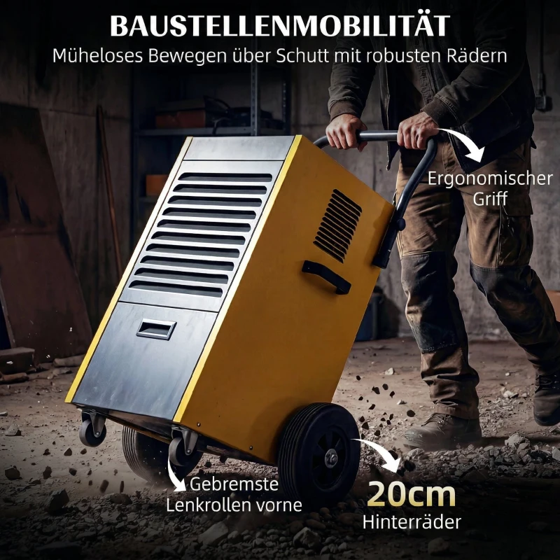 DURHAND Gewerbe-Luftentfeuchter 70L/Tag mit Rädern und Griff, kontinuierlicher Ablaufschlauch, 24-Stunden-Timer, 5,5L Tank, Gelb