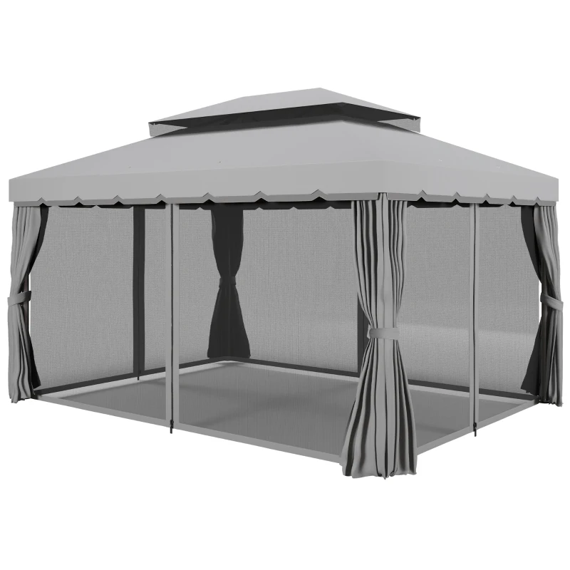 Outsunny 3 x 4m Aluminium Garden Gazebo, Marquee Canopy Shelter Pavilion Party Tent with Nets and Curtains for Garden and Deck, Light Grey