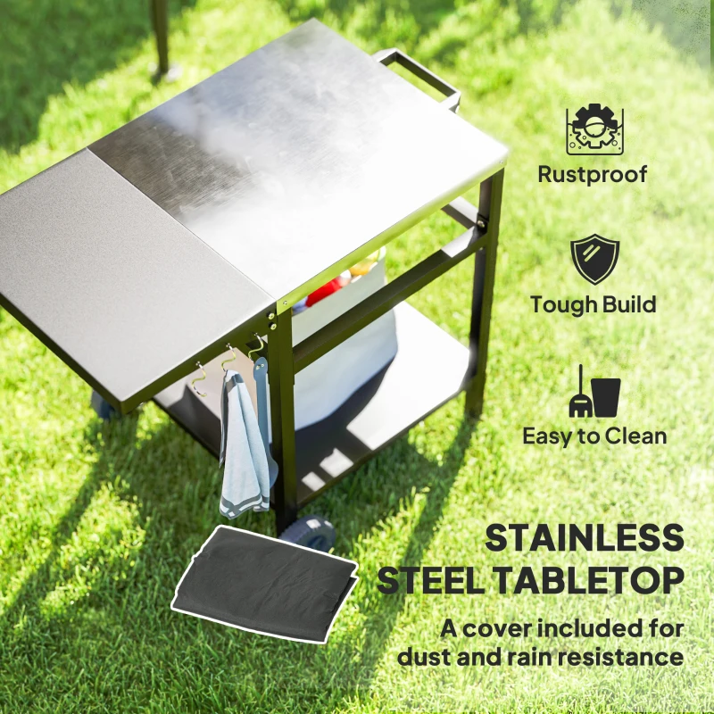 Outsunny BBQ Trolley with Stainless Steel Top and Foldable Side Table, Outdoor Kitchen Barbecue Station with Hooks and Shelf, Pizza Oven Table Movable Outdoor Grill Dining Cart with Cover, Black