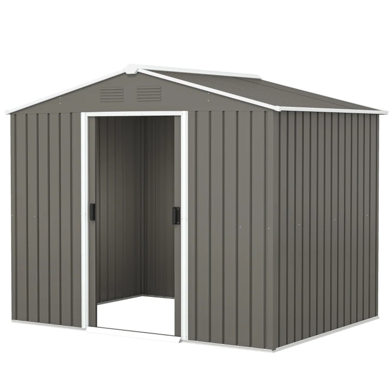 Outsunny 8 x 6ft Outdoor Garden Storage Shed, Metal Tool House with Ventilation and Sliding Doors, Light Grey