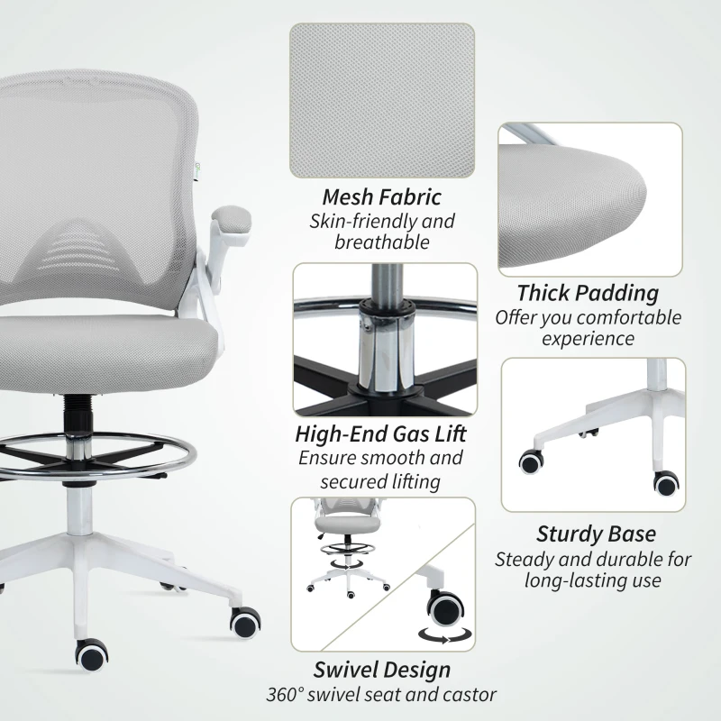Vinsetto Drafting Chair with Flip-up Armrest, Mesh Office Stool with Foot Ring, 360 Degree Swivel Height Adjustable Chair for Standing Desk, Light Grey