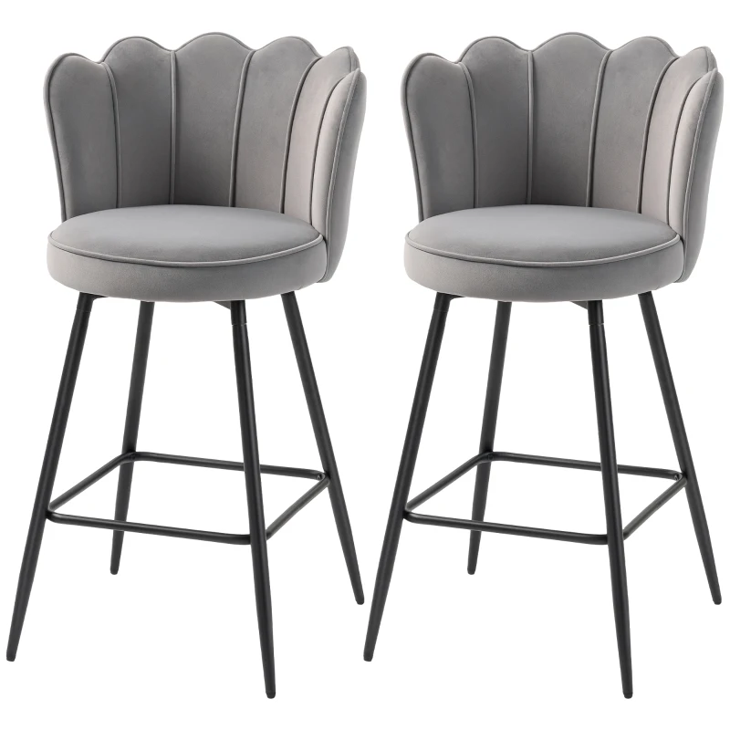 HOMCOM Set of Two Velvet-Feel Lotus Bar Stools - Grey