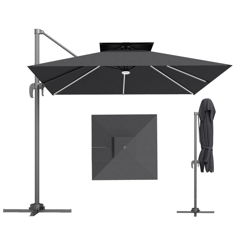 Outsunny 2.5m Cantilever Parasol with Solar Powered LED Lights, 360° Rotation, Tilt Adjustment, Crank Handle, Dark Grey