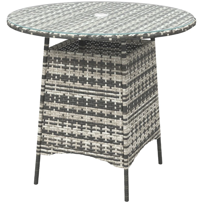 Outsunny Wicker Garden Rattan Table, Patio Furniture Outdoor Coffee Table with Umbrella Hole and Tempered Glass Top, Grey