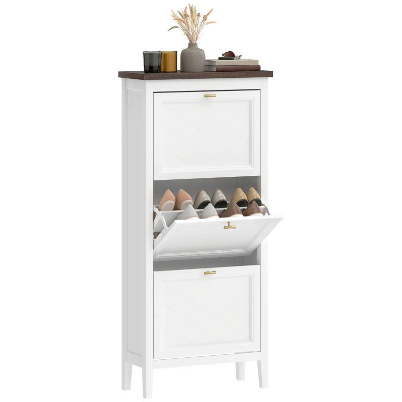 HOMCOM Shoe Cabinet with 3 Flip Drawers, Farmhouse Narrow Shoe Storage Cabinet with Adjustable Shelves, White