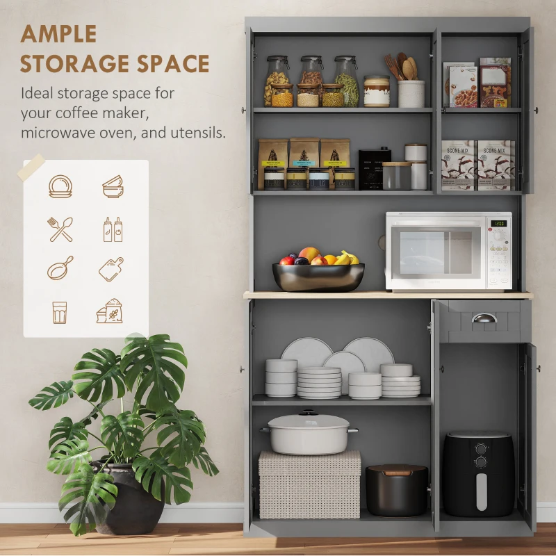 HOMCOM 180cm Freestanding Kitchen Cabinet, Modern Storage Cupboard with Open Countertop, Drawer and 6 Doors, Grey