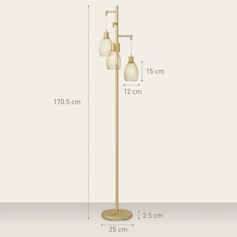 HOMCOM 3-Light Floor Lamp, 170cm Industrial Dimmable Standing Lamp with Steel Wire Cage Lampshades for Living Room, Bedroom, Dining Room, Study, Bulb Not Included, Gold Tone