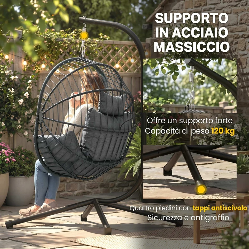 Outsunny Silla Colgante Huevo con Soporte con Cesta Plegable Cojín y Reposacabezas para Interior y Exterior Carga 120 kg Gris