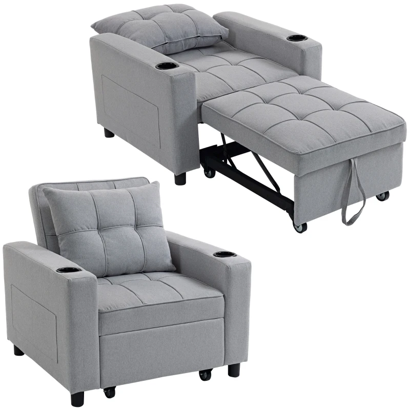 HOMCOM 3-in-1 Single Sofa Bed, Convertible Sleeper Chair Bed - Light Grey