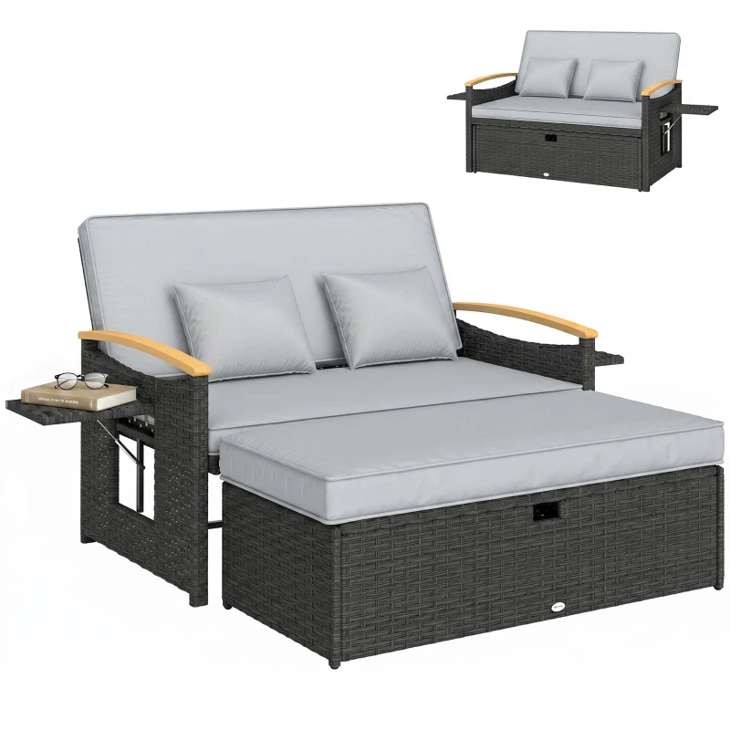 Outsunny Double Garden Rattan Daybed, Wicker Sun Bed Chaise Lounger with Storage Ottoman, 4-Level Adjustable Backrest, Dark Grey