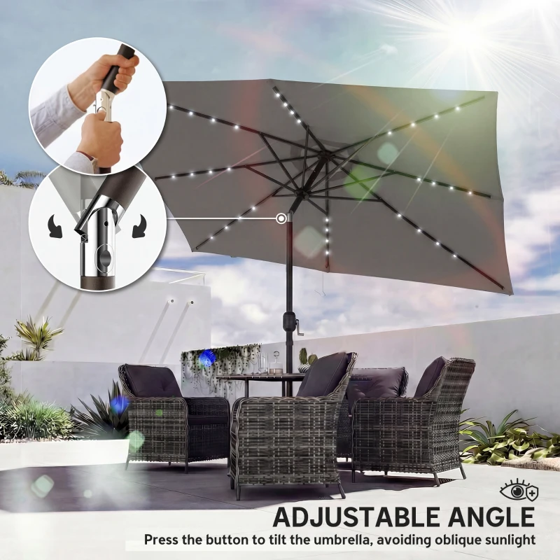 Outsunny 3 x 2 m Garden Parasol Umbrella with LED Solar Light, Parasol Cover, Outdoor Market Patio Umbrella, Dark Grey