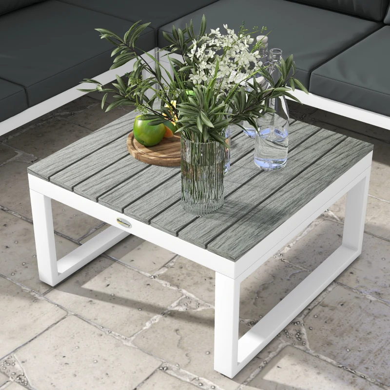 Outsunny 4 Pieces Garden Furniture Set, 5-Level Reclining Garden Corner Sofa Set, Outdoor Lounge Conversation Sectional with Cushions, Wood Effect Plastic Table, White Frame & Grey Cushion