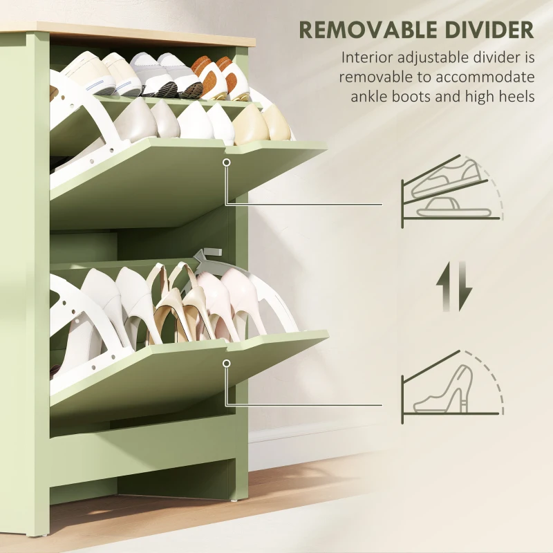 HOMCOM Slim Shoe Cabinet, Narrow Shoe Cupboard with 2 Flip Drawers, Adjustable Shelves for 12 Pairs of Shoes, Green