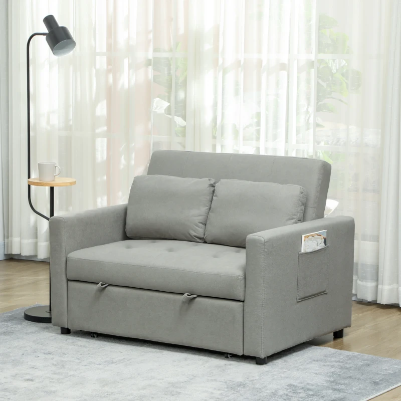HOMCOM Loveseat Sofa Bed, Convertible Bed Settee with 2 Pillows, Side Pockets, Light Grey