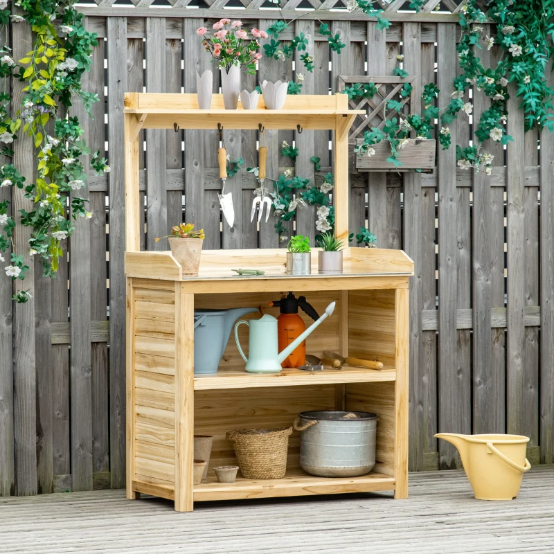 Outsunny Garden Potting Bench Table, Wooden Workstation Bench w/ Galvanized Metal Tabletop, Storage Shelves and Hooks, Natural