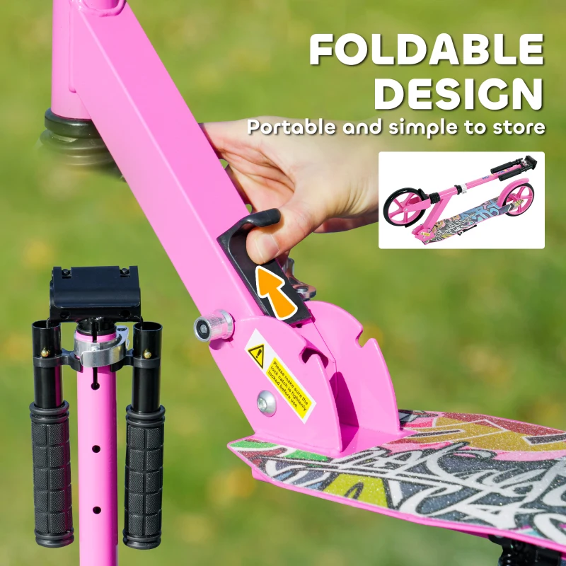 AIYAPLAY Foldable Kids Scooter with Adjustable Handlebar, 200mm Big Wheel, Rear Fender Brake, for Ages 6-12 Years, Pink